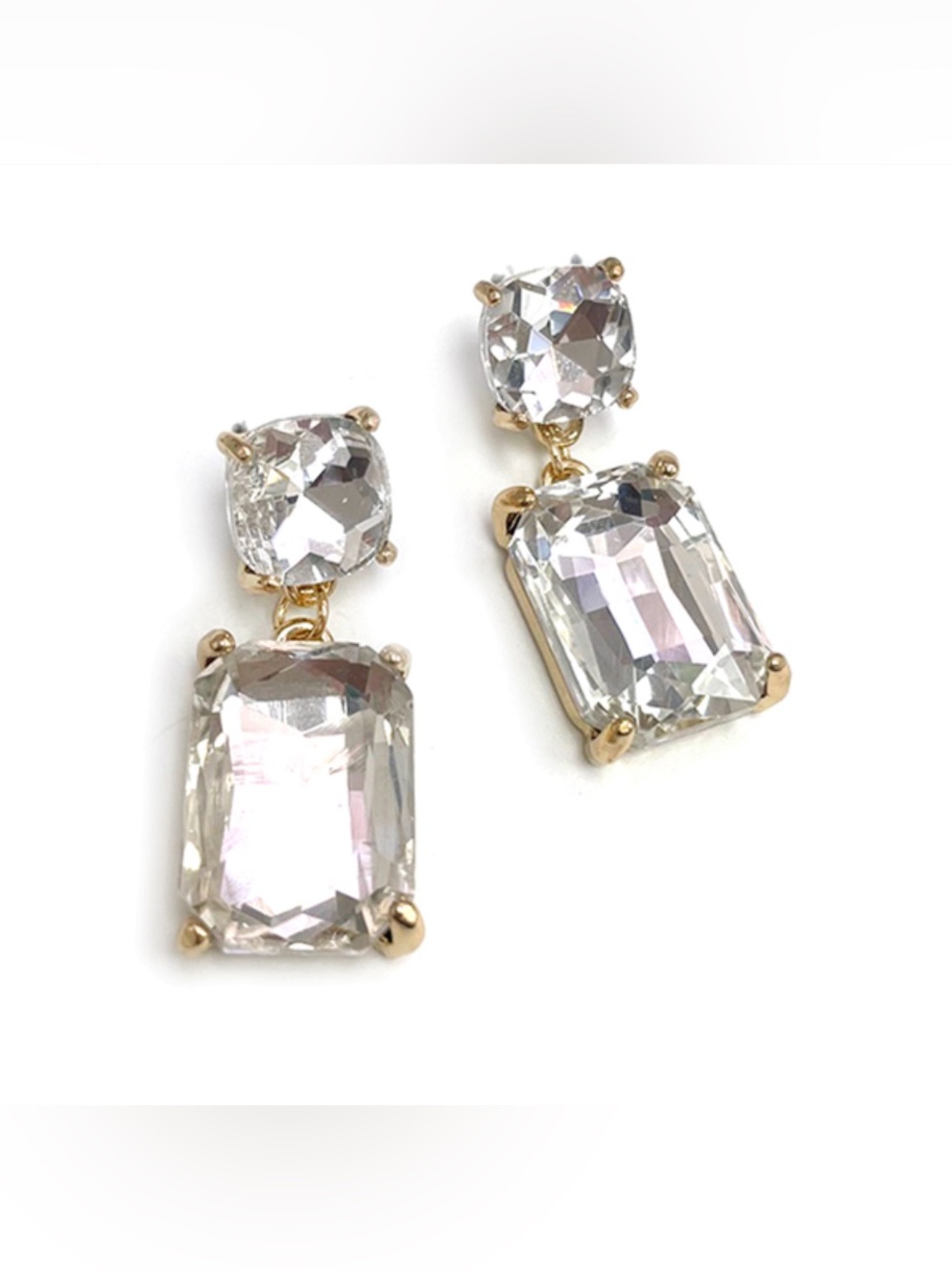 Clear Stone Square 2 Link Cushion Cut Glass Drop Gold Earrings